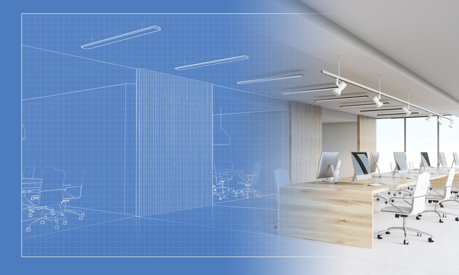 Blueprint of an office near its implementation